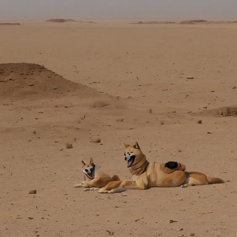 Image similar to in the middle of the egyptian desert, there is a shiba-inu sphinx