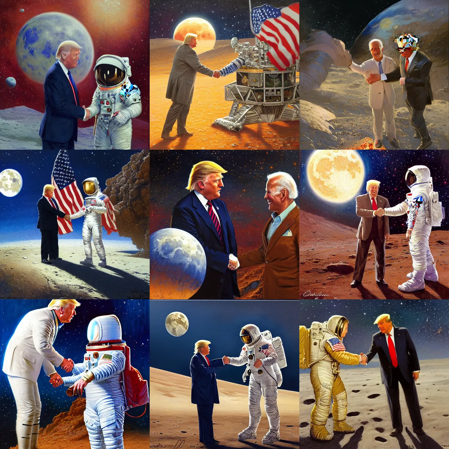 Prompt: photorealistic portrait donald trump shaking hands with portrait joe biden on the moon, highly detailed painting by gaston bussiere, craig mullins, j. c. leyendecker 8 k