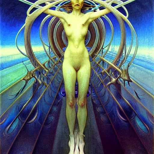 Image similar to realistic extremely detailed portrait painting of a blurry bizarre ghost, futuristic sci-fi landscape on background by Jean Delville, Amano, Yves Tanguy, Alphonse Mucha, Ernst Haeckel, Edward Robert Hughes, Roger Dean, rich moody colours, blue eyes