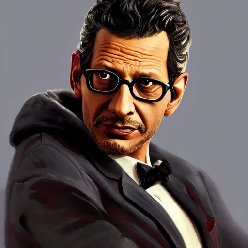 Image similar to Portrait of a Jeff Goldblum in a grand theft auto 5 loading screen , art by Albert Bierstadt and James Gurney, highly detailed, digital painting, matte painting, concept art, illustration, oppressive lighting, trending on artstation, very detailed
