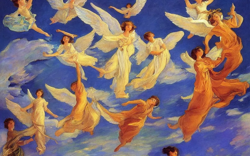 Prompt: vision of angels - a painting of an angel flying in the sky, with a group of angels flying beside it by joaquin sorolla and marianne north, style of japanese jade