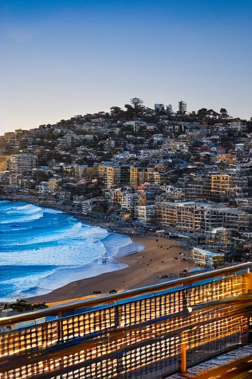 Image similar to View from Bondi Beach balcony, golden hour, depth of field, high resolution, award winning.