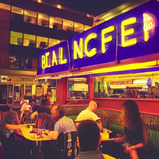 Prompt: diner scene, bottom left of photo is a black couple arguing, bottom right of photo is a white man reading a book, centre of photo is a waitress on rollerskates, top of photo is a neon sign saying breakfast