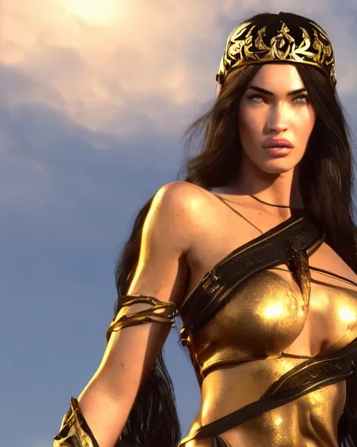 Prompt: megan fox as a Greek goddess in the sky, unreal engine 5