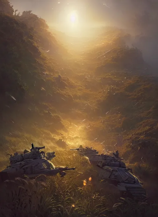 Image similar to highly detailed world war 3 illustration of hamsters, stephen bliss, unreal engine, fantasy art by greg rutkowski, loish, rhads, ferdinand knab, makoto shinkai and lois van baarle, ilya kuvshinov, rossdraws, tom bagshaw, global illumination, radiant light, detailed and intricate environment