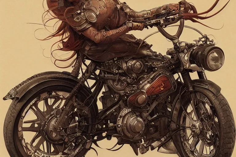 Image similar to 1950 Motorcycle, fantasy, elegant, intricate, highly detailed, digital painting, artstation, concept art, sharp focus, illustration, art by artgerm and greg rutkowski and alphonse mucha