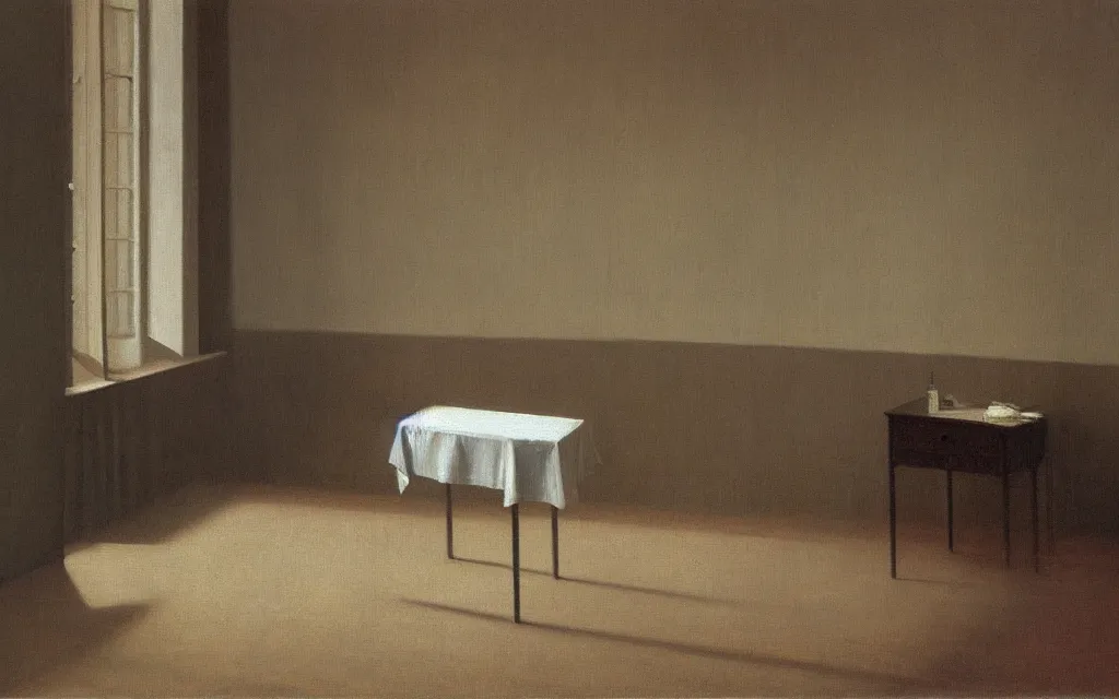 Prompt: a painting of a quiet room in spring, oil on canvas, by hammershoi