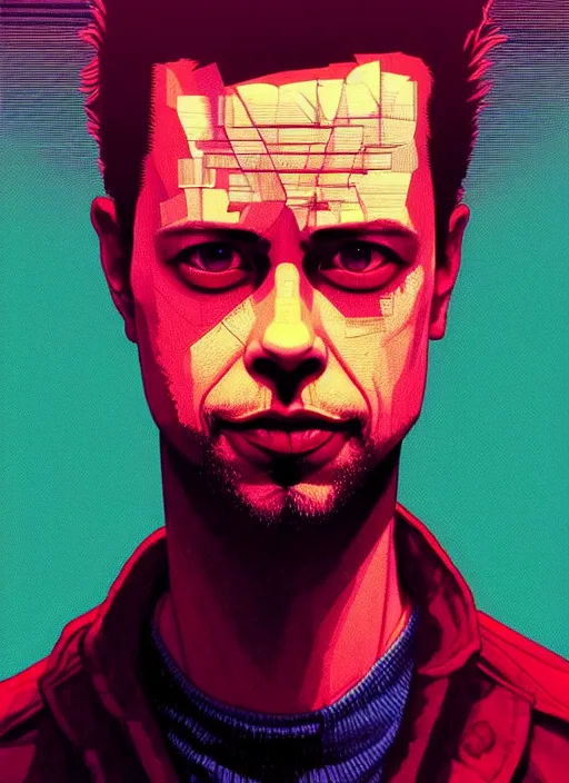 Prompt: symmetry!! stunning portrait of tyler durden from fight club, by victo ngai, kilian eng vibrant colors, dynamic lighting, digital art, winning award masterpiece, fantastically beautiful, illustration, aestheticly inspired by beksinski and dan mumford, upscale with simon stalenhag work, artstation, 8 k