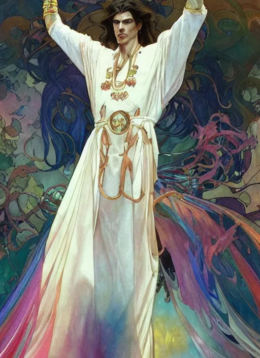 Image similar to a tall, muscular man with dark hair and pale skin. he is wearing a white royal robe. i'm the background, rainbow colors swirl around him. chromatic light. portrait painting by artgerm and greg rutkowski and alphonse mucha.