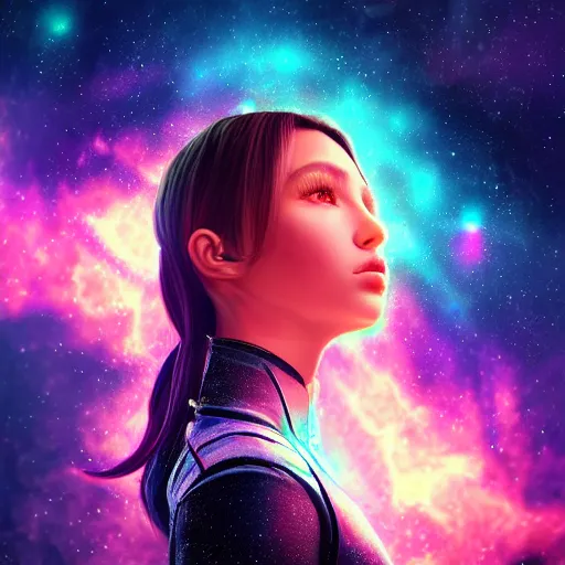 Image similar to beautiful girl galaxy background, portrait character concept style trending on artstation concept art detailed octane render cinematic photo - realistic 8 k high detailed