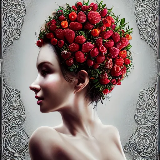 Image similar to the portrait of an absurdly beautiful, graceful, elegant, sophisticated, fashionable woman made of strawberries and white petals looking down, an ultrafine hyperdetailed illustration by kim jung gi, irakli nadar, intricate linework, bright colors, octopath traveler, final fantasy, unreal engine 5 highly rendered, global illumination, radiant light, detailed and intricate environment