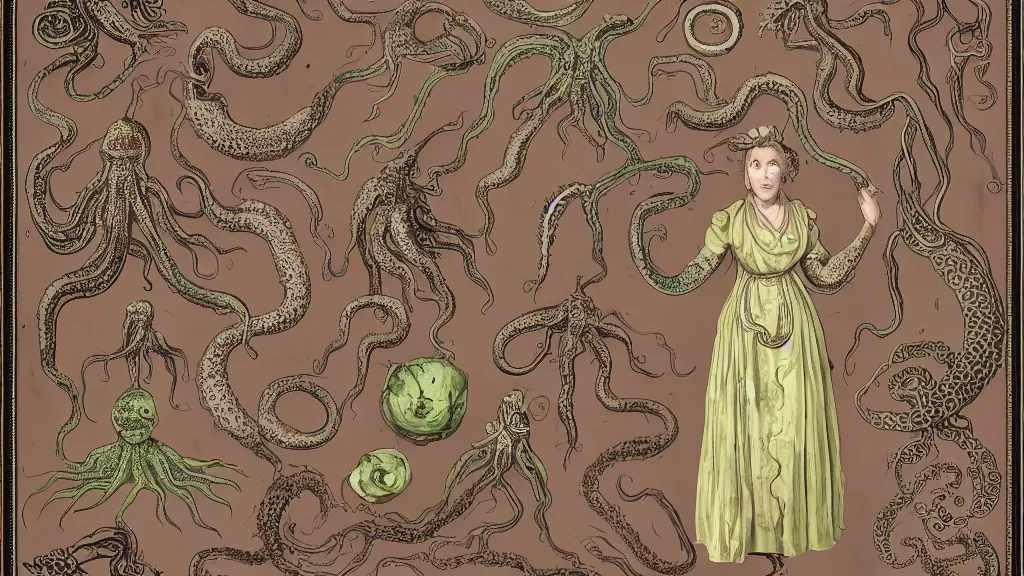 Image similar to aged paper, colorful character sheet for a stocky alien extraterrestrial female servant maid with thick snake - like tentacles instead of hair, long dress with apron, ernst haeckel, coherent, illustration, digital art, trending on artstation, hd, 8 k, good lighting, beautiful, rough paper, masterpiece