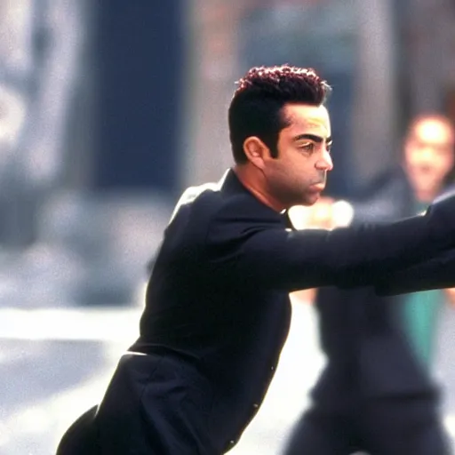 Prompt: Still of Xavi Hernandez in The Matrix reloaded (1999)