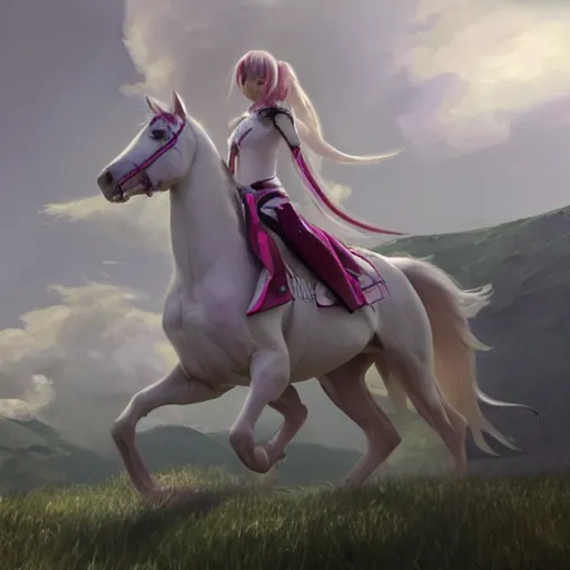 Image similar to a white horse as the pink power ranger in the style of makoto shinkai zhaoming wu, john collier, albert aublet, cedric peyravernay. sharp focus, semi - realism, intricate detail. unreal engine, octane rendering