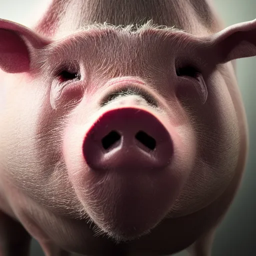 Prompt: photorealistic closeup portrait of pig, art photography, horror, sigma 5 0 mm, f 1. 8, insane details, hyper realistic, 8 k, full figure poster, volumetric lighting, very detailed face, 4 k, award winning