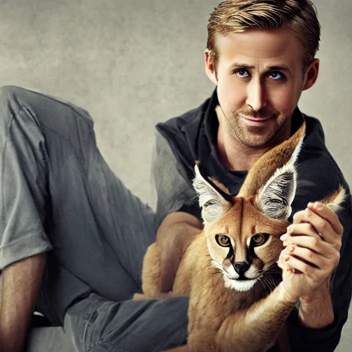 Image similar to Ryan Gosling holds a caracal cat in his hands, ultra highly detailed, smooth, sharp focus, elegant, artstation