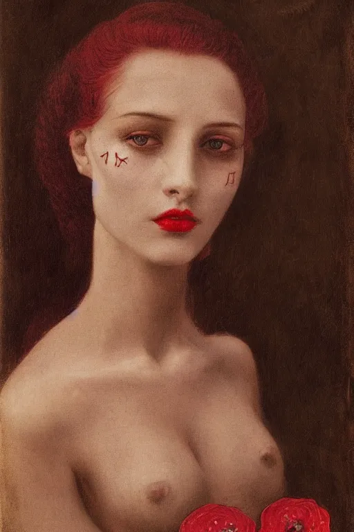 Image similar to portrait of beautiful young maiden, warhammer, a lot of scars, red lips, the middle ages, highly detailed, artstation, illustration, art by alfred kubin, 8 k quality