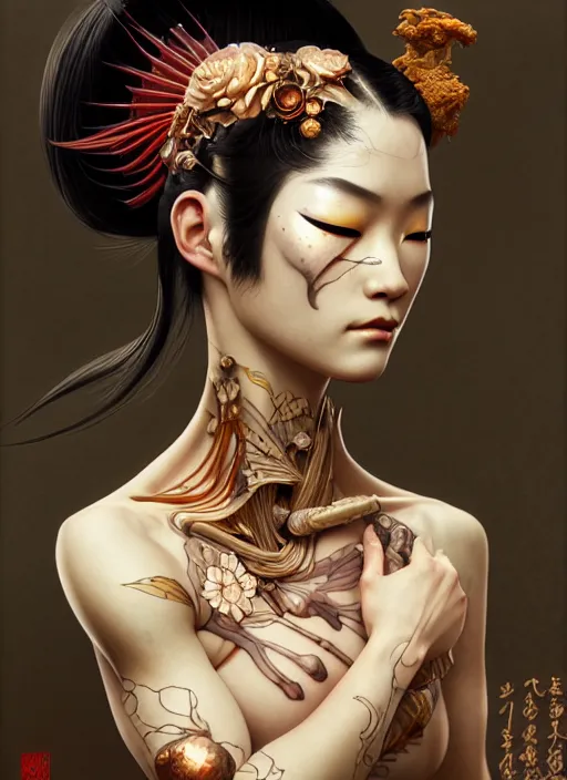 Image similar to organic cyborg, geisha, Yakuza, japanese, diffuse lighting, fantasy, intricate, elegant, highly detailed, lifelike, photorealistic, digital painting, artstation, illustration, concept art, smooth, sharp focus, art by John Collier and Albert Aublet and Krenz Cushart and Artem Demura and Alphonse Mucha