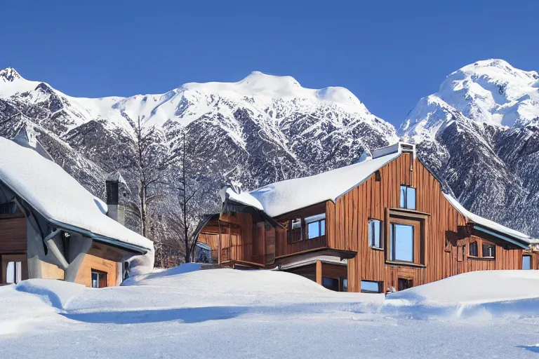 Image similar to architecture photo modern fachwerk house cottage settlement with Elbrus mountain on the background, architecture, photorealism 8k , high details