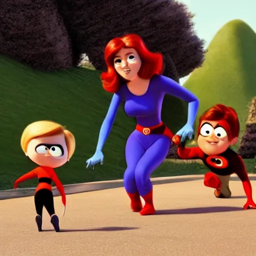 Image similar to bob parr as mr.incredible and helen parr as elastigirl spend time with violet and dash in incredibles movie from 2004
