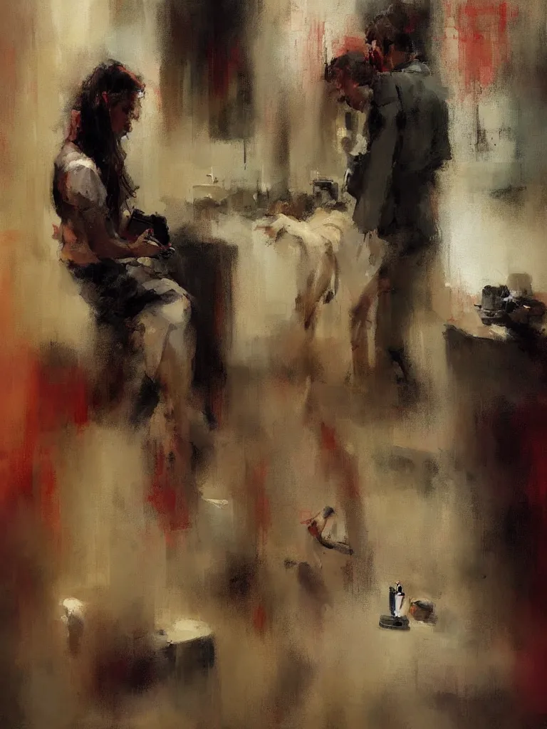 Prompt: a beautiful painting by mark tennant of people looking at their phone in a bathroom, color bleeding, brushstrokes by jeremy mann