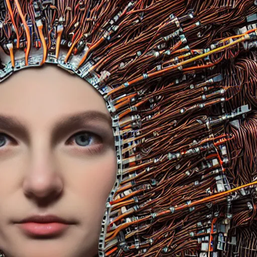 Image similar to tapping in to something greater, piles of modular synth cables, goddess portrait wearing a big headpiece made of circuit boards in a photo shoot for balenziaga, wlop, stanley kubrick, masamune, unique perspective, eastman color, perfect details, trending on artstation, 3 d render, smooth render, wlop