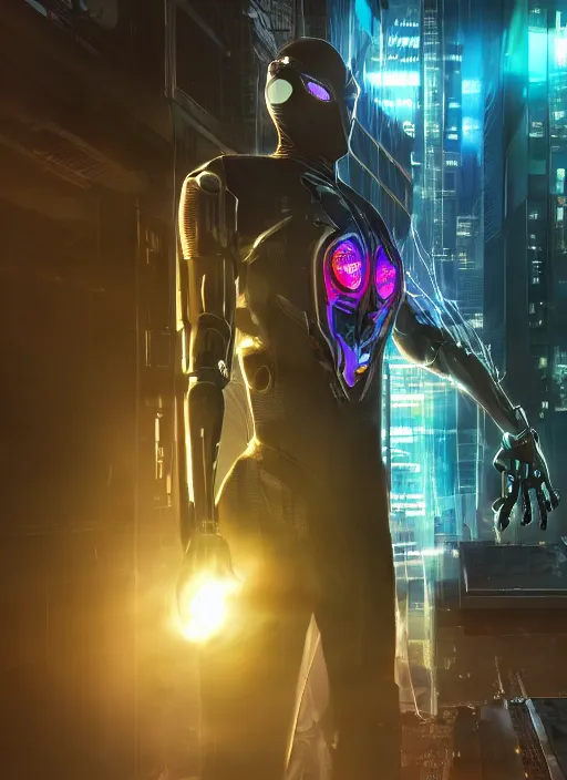 Prompt: cyberpunk spiderman robot ninja illumination ray tracing hdr fanart arstation by sung choi and eric pfeiffer and gabriel garza and casper konefal, potrait, cinematic,