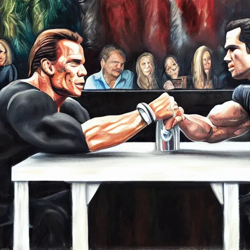 Image similar to henry cavill arm wrestling arnold schwarzenegger, painting, 4 k, sharp focus