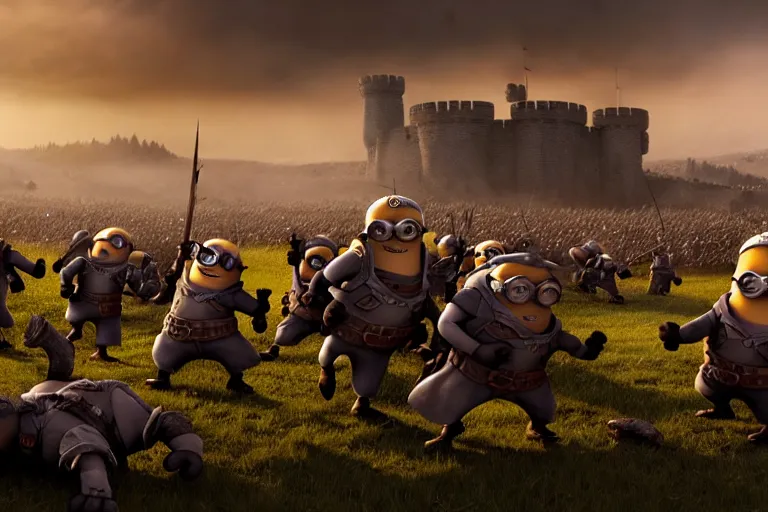 Image similar to diorama of group of minions fending off an army of orcs on the open plains of bliss wallpaper, giant castle walls, realistic, 4 k, detailed, atmospheric, cinematic lighting, octane render, unreal engine render, ray tracing lighting