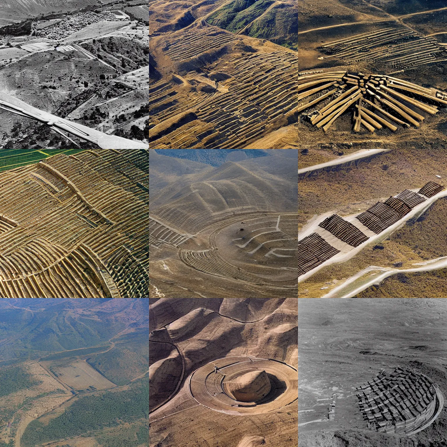 Prompt: airplane view of a circular wooden palisade surrounding village twelve hundred bc, southern european scenery