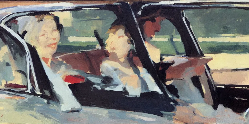 Prompt: wife in car, us suburbs ben aronson 1950