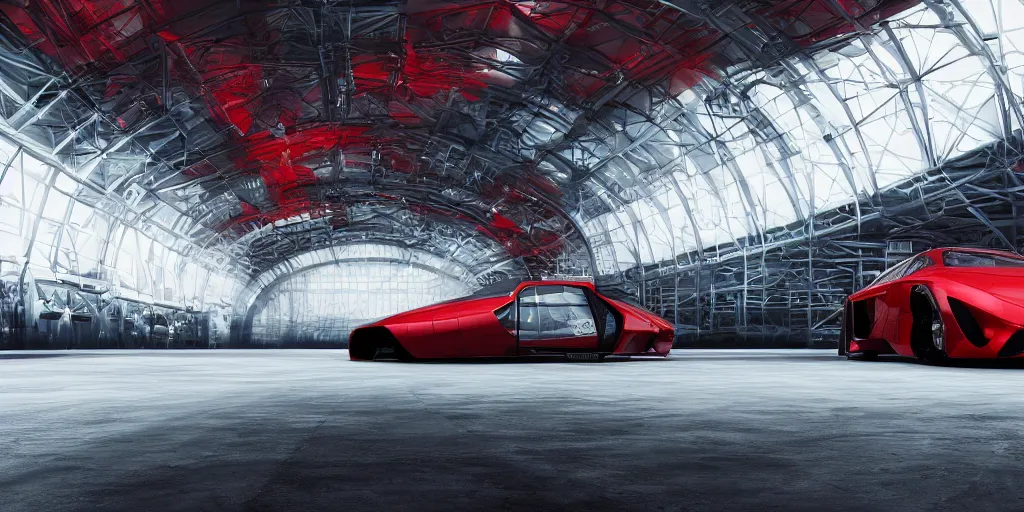 Image similar to kama russian electrocar, inside futuristic hangar, red car, sharp focus, ultra realistic, ultra high pixel detail, cinematic, intricate, cinematic light, unreal engine 8 k
