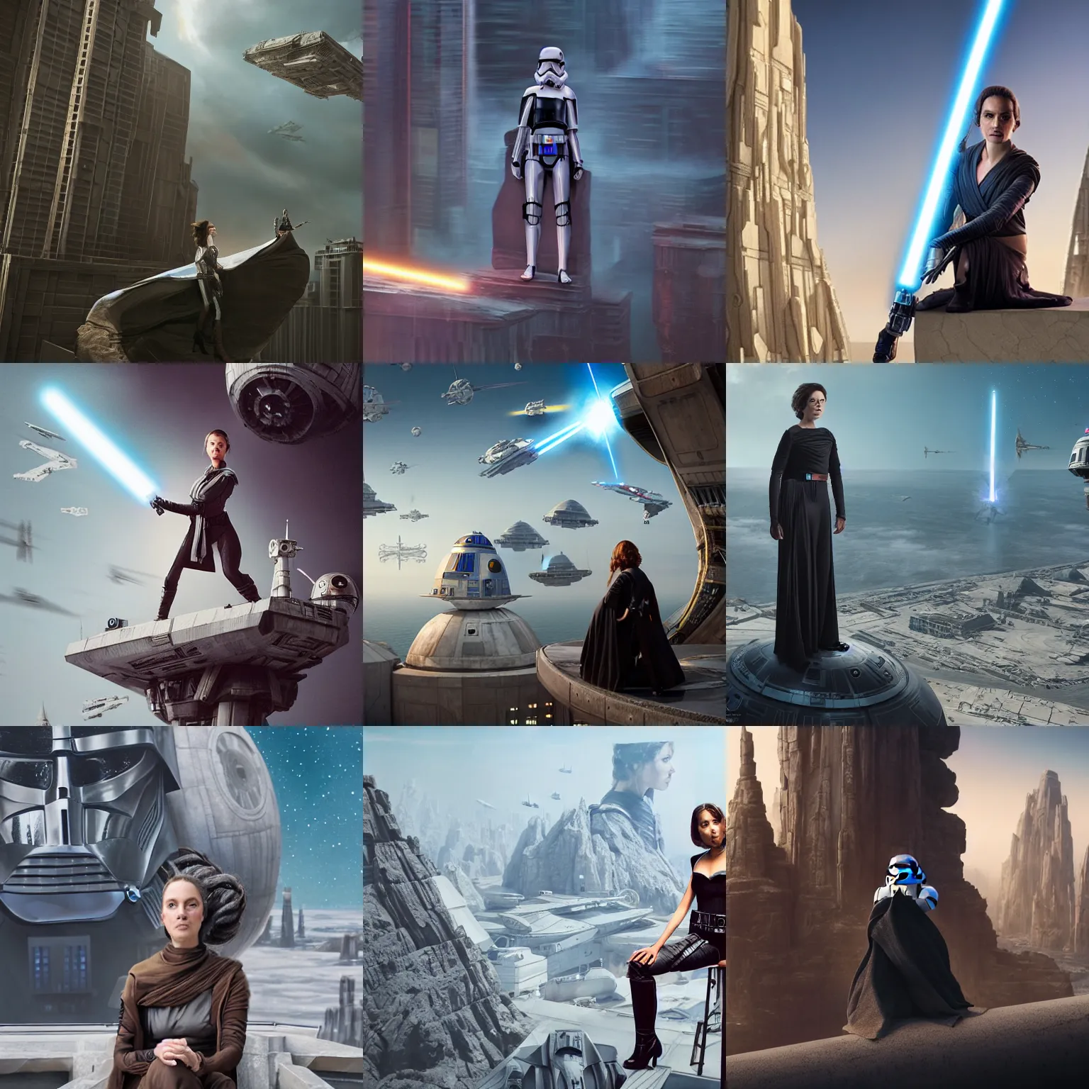 Prompt: a woman in a star wars outfit sitting on top of a building, a detailed matte painting by annie leibovitz, trending on cg society, photorealism, reimagined by industrial light and magic, uhd image, high resolution