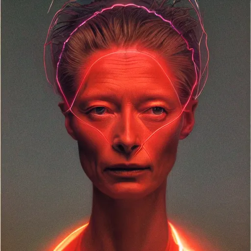 Prompt: Portrait Masterpiece, Tilda Swinton, red, glowing, wires everywhere, by Edgar Maxence and Ross Tran, Zdzisław Beksiński, and Michael Whelan, distant, gustav dore, H.R. Giger, 8k, octane render