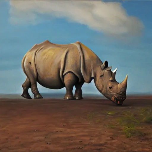 Prompt: oil on canvas of, rhinoceros laying an egg in hawaii