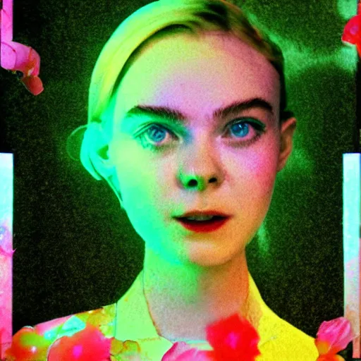 Prompt: Elle Fanning in a garden, VHS glitch art, neon like art