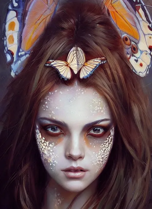 Prompt: a woman with her face painted like a butterfly. beautiful highly detailed face. painting by artgerm and greg rutkowski and raymond swanland.