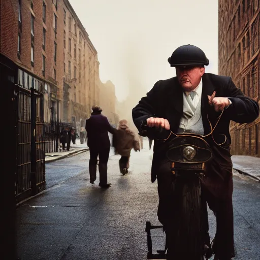 Image similar to closeup portrait of fat peaky blinders in a new york street, by Steve McCurry and David Lazar, natural light, detailed face, CANON Eos C300, ƒ1.8, 35mm, 8K, medium-format print