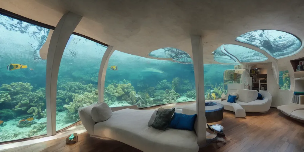 Prompt: interior of an underwater home that is an undersea dome with windows