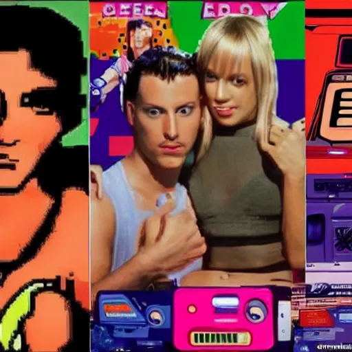 Image similar to Super Nintendo playing and Xbox 360 but it's a Sega Genesis making out with Brittany spears