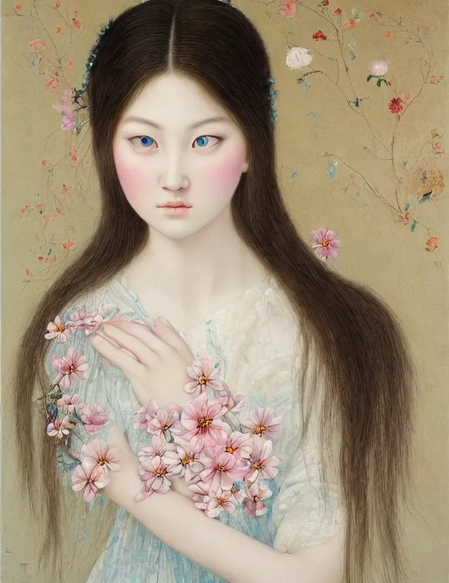 Image similar to flower girl, wonderful eyes, her loose hair, delicate, intricate details, a real masterpiece, oil on canvas, author li zhang