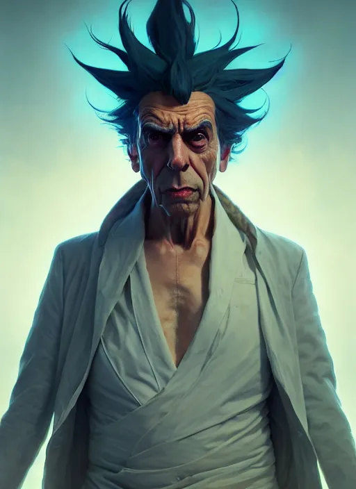 Image similar to rick sanchez by greg rutkowski, symmetry, concept art by artgerm, distance portrait of a hyper realistic, intense, epic, alphonse mucha, octane render, highly detailed, high quality, 8 k, soft lighting, path traced, and uang guangjian and gil elvgren, symmetry!!