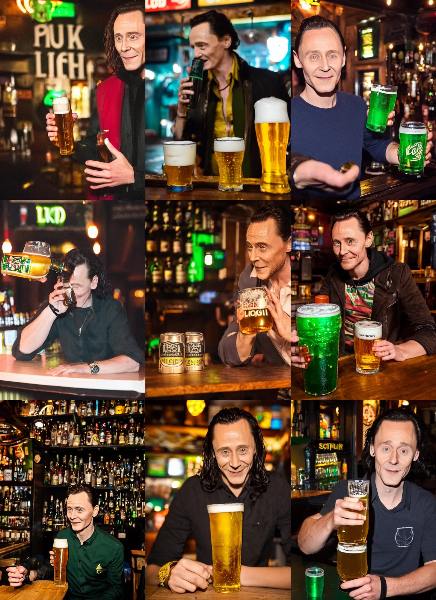 Prompt: loki drinking lager at uk pub, flash photography