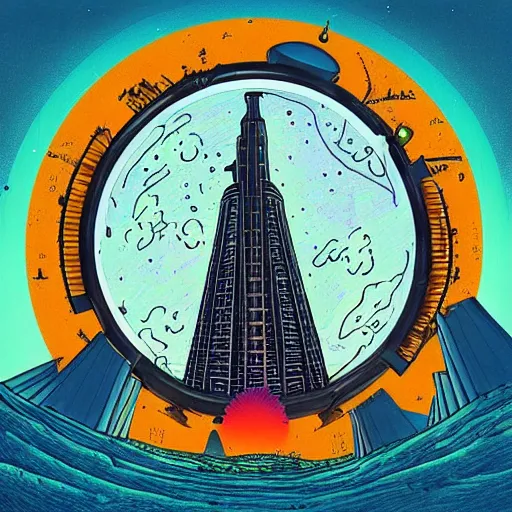 Image similar to ook cover with a drawing of a tower, an album cover by james morrison, instagram contest winner, afrofuturism, biomorphic, trance compilation cd, artwork