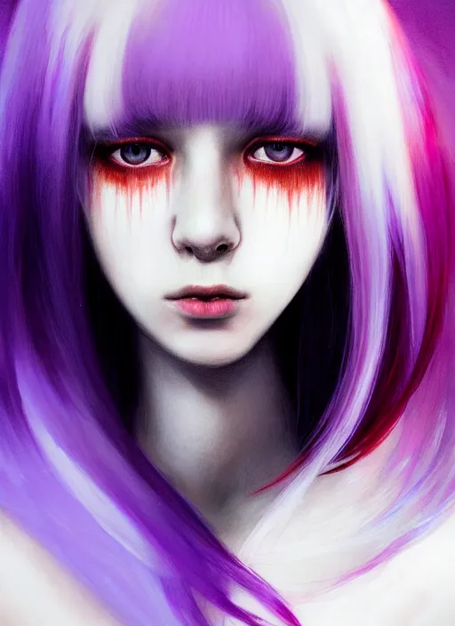 Image similar to hair whitebangs hair, black hair, whitebangs, portrait of teenage girl with white bangs, red irises, purple clothes, white bangs, bangs are different color from hair, intricate, elegant, glowing lights, highly detailed, digital painting, artstation, concept art, smooth, sharp focus, illustration, art by wlop, mars ravelo and greg rutkowski