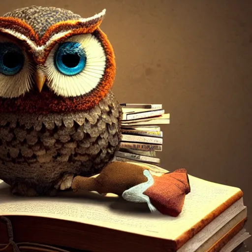 Image similar to long shot of a very cute plush and sleepy owl sitting on a pile of antique books, by naoto hatori, by yoshita amano, by esao andrews, fancy illustration hyperrealistic, big depth of field, fresh colors, moody evening light, 3 d octane render conceptart, 4 k, highly detailed, trending on artstation