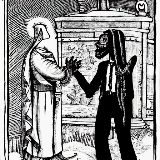 Prompt: A lizard person shaking hands with a religious icon, horror, black metal