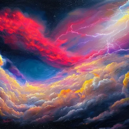 Prompt: A detailed and realistic painting of a huge colourful cloud in space, with lots of other clouds around, with incredibly huge lightning with 8k resolution, in the artistic style of fantasy art