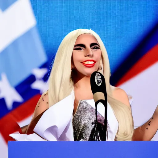 Image similar to Lady Gaga as president, Argentina presidential rally, Argentine flags behind, bokeh, giving a speech, detailed face, Argentina