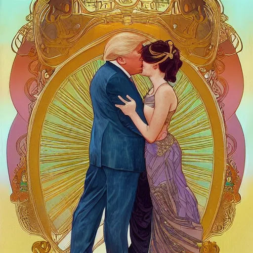 Prompt: donald trump kissing joe biden | highly detailed | very intricate | art nouveau | gold filigree | romantic storybook fantasy | soft cinematic lighting | award - winning | disney watercolor illustration by mandy jurgens and alphonse mucha and alena aenami | pastel color palette | featured on artstation